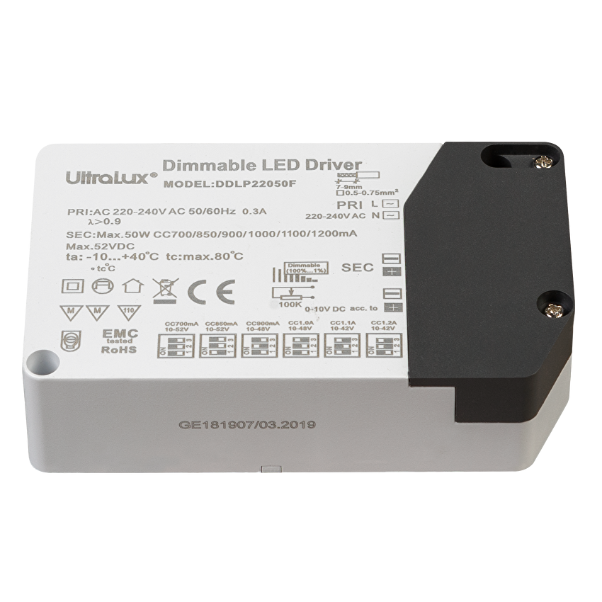 Димиращ драйвер 0-10V DC, потенциометър 100КΩ, 50W/700-1200mA DC / DDLP22050F