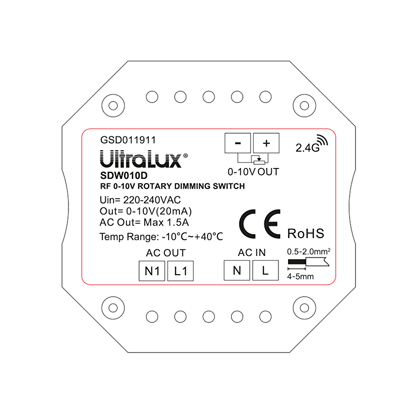 RF 0-10V DC димиращ ключ за стена, 350VA, 1.5A, 220V-240V AC / SDW010D