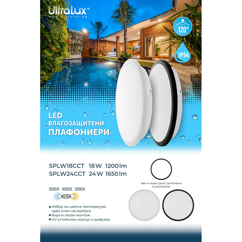 LED влагозащитена плафониера, 18W, 3000K/4000K/6500K, 220V-240V AC, IP54 / SPLW18CCT
