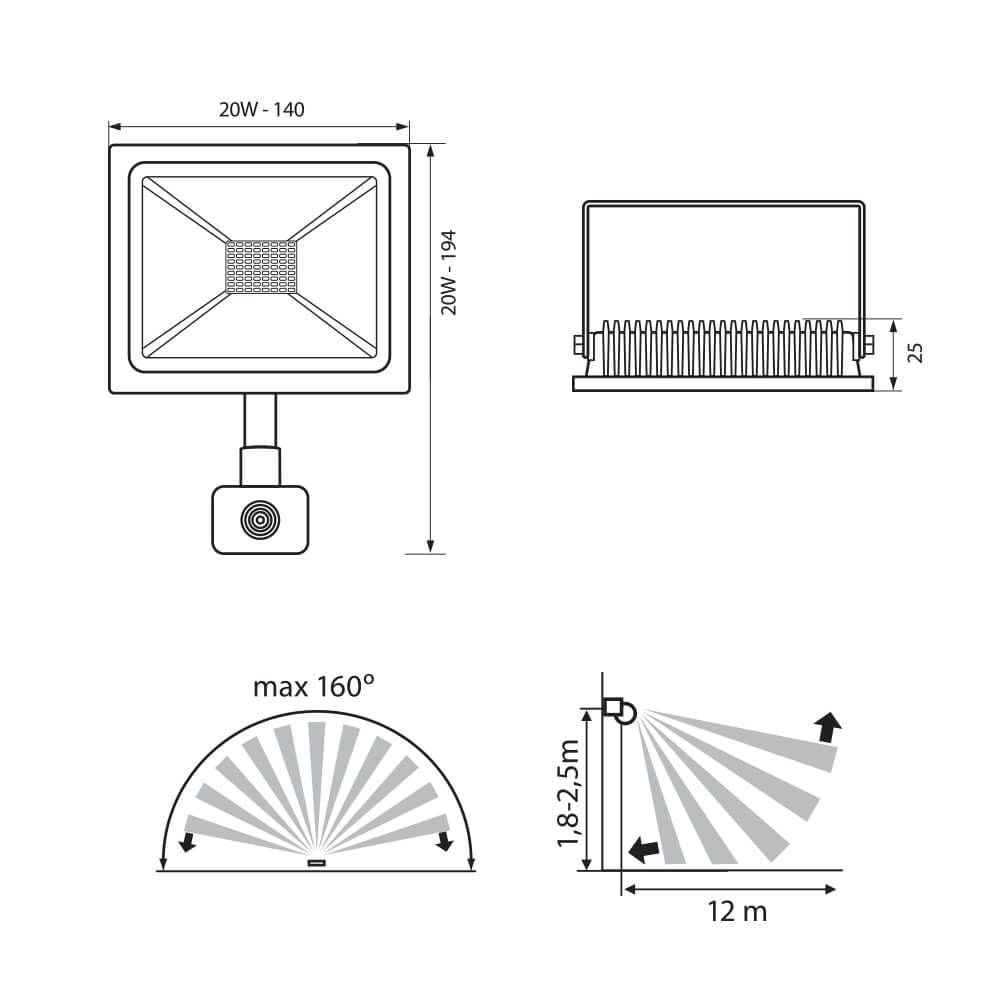 LED ПРОЖЕКТОР СЪС СЕНЗОР NYX LED ∙ 20W ∙ ЧЕРЕН ∙ 6400K ∙ IP44 / 003974
