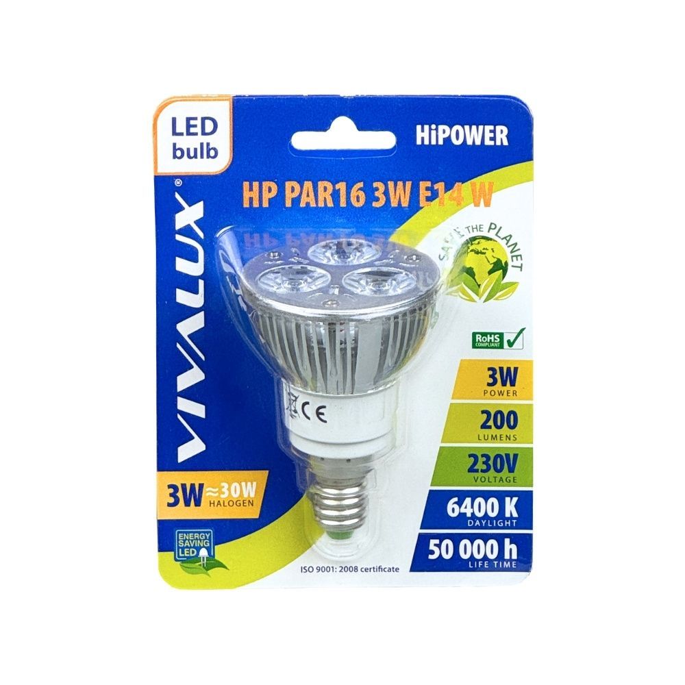 РФЛЕКТОРНА LED ЛАМПА HIPOWER ∙ PAR16 ∙ 3W ∙ 180LM ∙ E14 ∙ 6400K / 002990