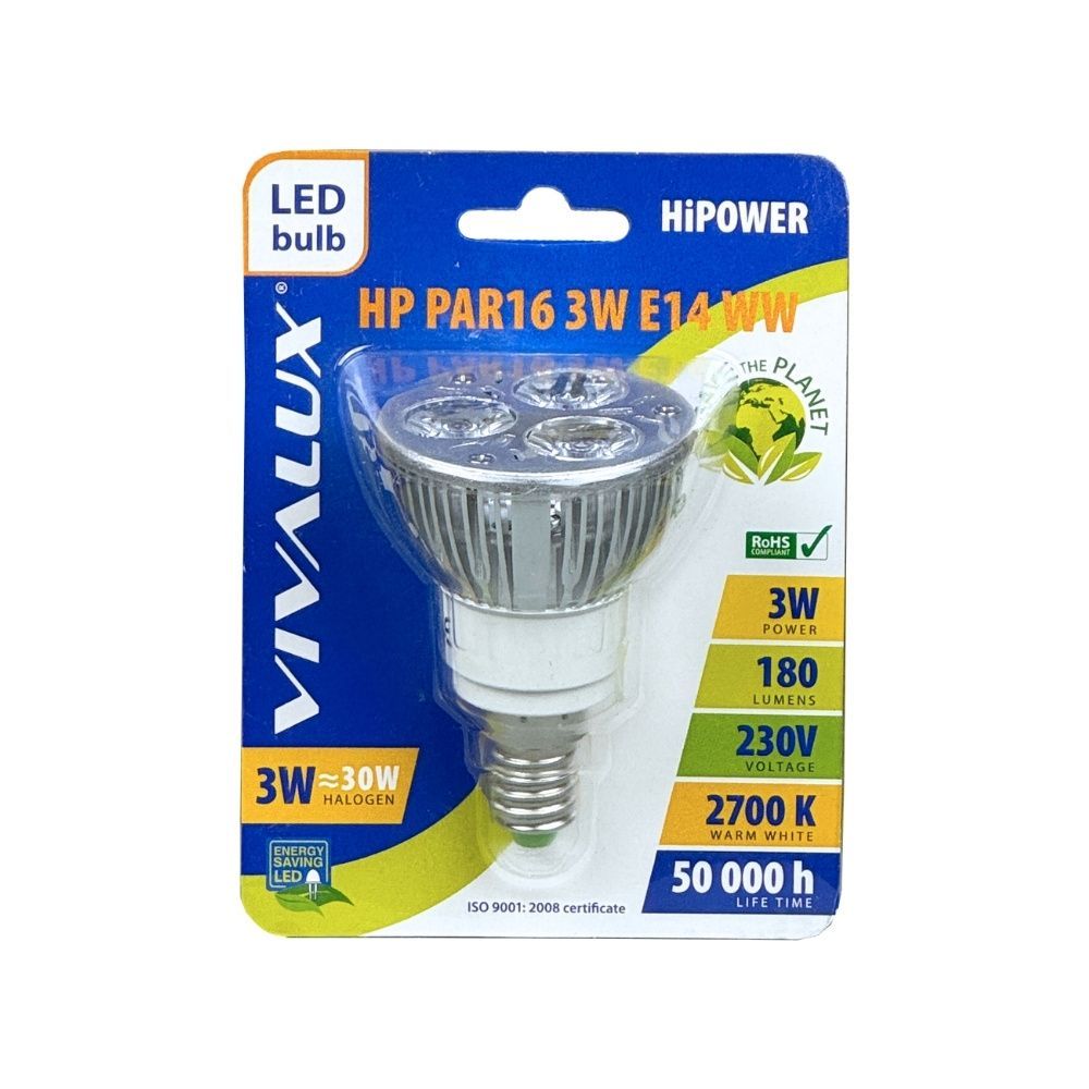 РЕФЛЕКТОРНА LED ЛАМПА HIPOWER ∙ PAR16 ∙ 3W ∙ 180LM ∙ E14 ∙ 2700K / 002993