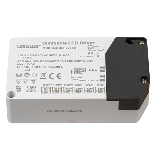 Димиращ драйвер 0-10V DC, потенциометър 100КΩ, 50W/700-1200mA DC / DDLP22050F