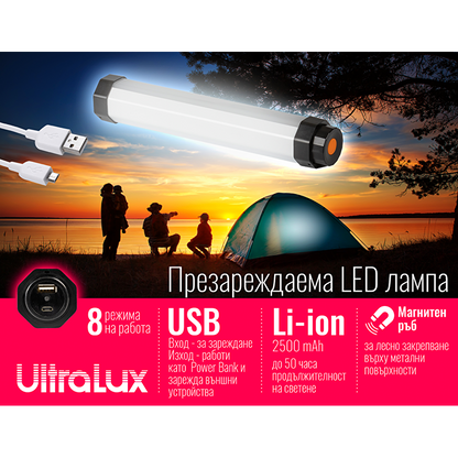 LED USB мултифункционална презареждаема лампа 3W, Li-Ion 2500mAh, 5000K, IP65 / PML350