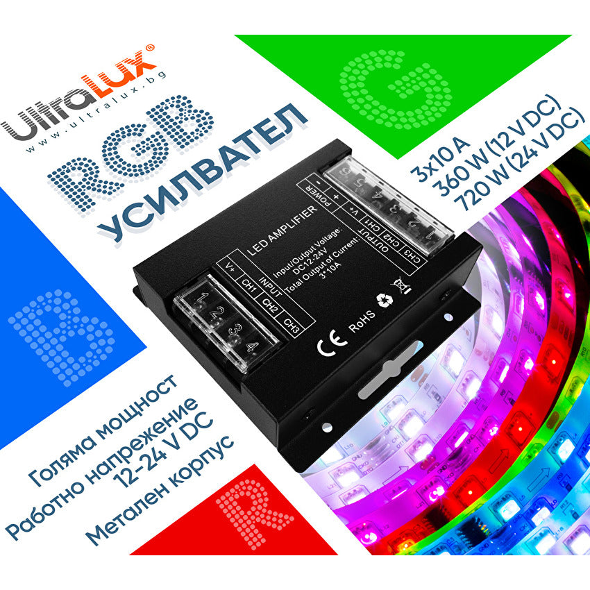 Усилвател за RGB LED лента 3X10A, 360W (12V DC), 12-24V DC / RGBAMP30A