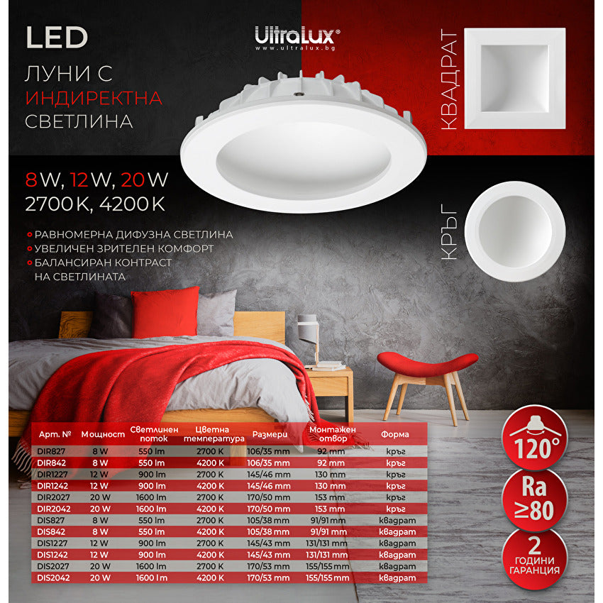 LED луна с индиректна светлина 20W, 4200K, 220-240V AC, неутрална светлина, кръг / DIR2042
