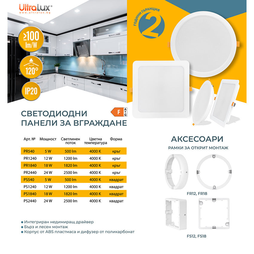 LED панел за вграждане, кръг, 12W, 4000K, 220-240V AC, неутрална светлина / PR1240