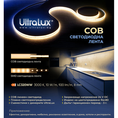 Професионална LED лента 10W/m, 4000K, 24V DC, 320 LEDs/m, COB / LC320NW