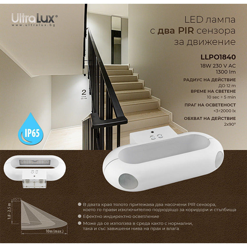 LED лампа с PIR сензор за движение, за стена, бяла, 18W, 4000K, 220-240V AC, IP65 / LLPO1840
