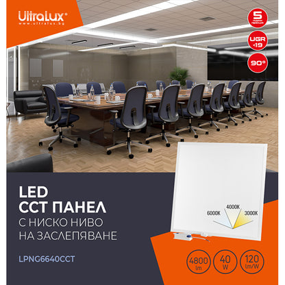 LED панел с ниско ниво на заслепяване UGR<19 600x600 mm, 40W, 3000K/4000K/6000K, 120lm/W, 220V-240V AC, IP44 / LPNG6640CCT
