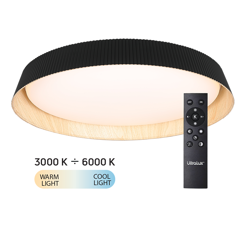 LED димираща ССТ плафониера с дистанционно управление, черен/дърво, max.72W, 3000K-6000К, 220-240V AC, кръг, IP20 /  SPL1L72RC