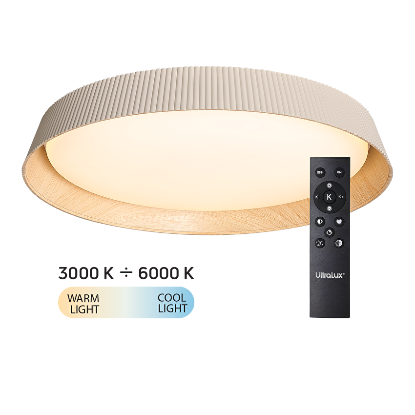 LED димираща ССТ плафониера с дистанционно управление бежов/дърво, max.72W, 3000K-6000К, 220-240V AC, кръг, IP20 / SPL2L72RC