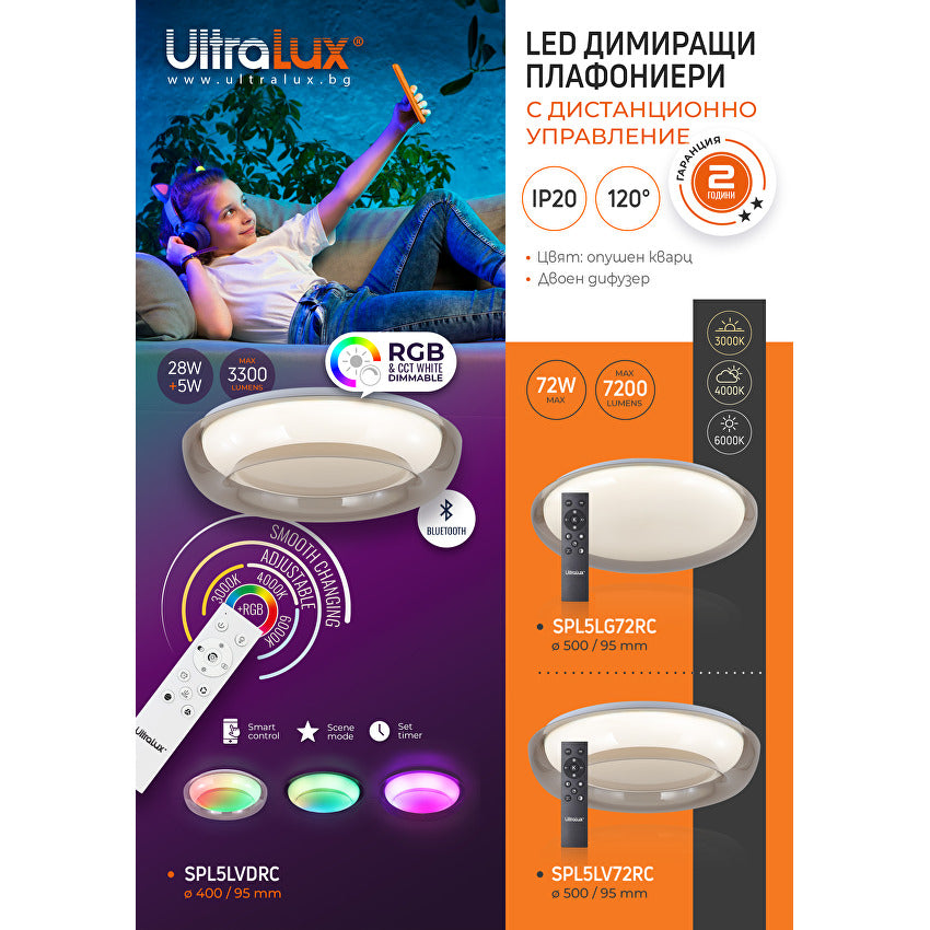 LED димираща ССТ плафониера с дистанционно управление, опушен кварц, max.72W, 3000K-6000К, 220-240V AC, кръг, IP20 Арт. № SPL5LV72RC