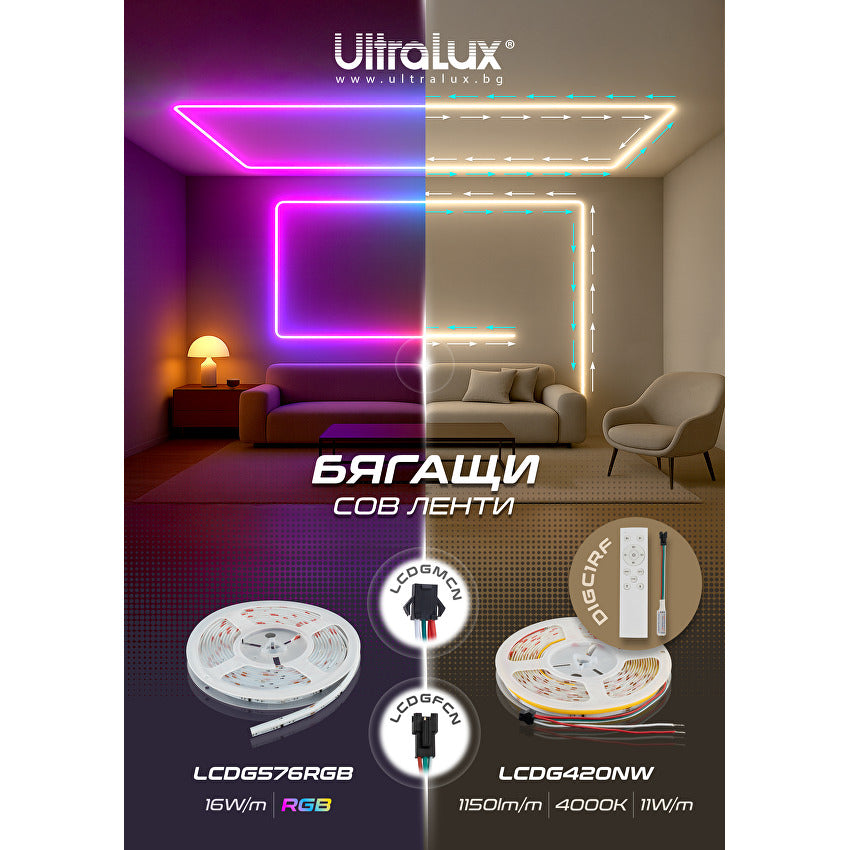 Дигитална "БЯГАЩА" LED лента едноцветна 11W/m, 4000K, IC WS2811, 24V DC, 10 pixels/m, COB, 5m, IP20 / LCDG420NW