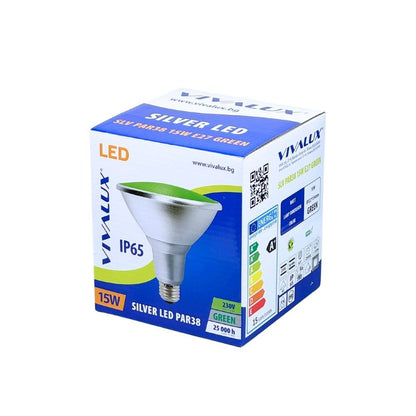 РЕФЛЕКТОРНА LED ЛАМПА SILVER LED ∙ PAR38 ∙ IP65 ∙ 15W ∙ E27 ∙ ЗЕЛЕНА / 003946