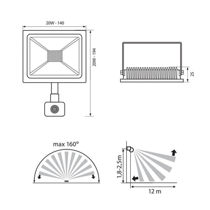 LED ПРОЖЕКТОР СЪС СЕНЗОР NYX LED ∙ 20W ∙ ЧЕРЕН ∙ 6400K ∙ IP44 / 003974