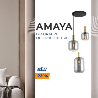 Полилей AMAYA ∙ SSP996-3H ∙ 3хE27 ∙ метал+опушено стъкло ∙ черно/златно / 005316