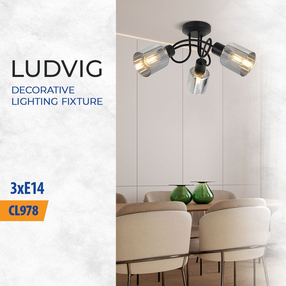 Плафон LUDVIG ∙ CL978-3C ∙ 3хЕ14 ∙ метал+стъкло ∙ черен / 005298