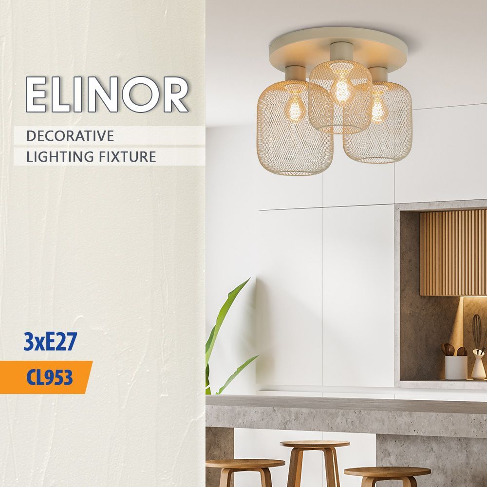 Плафон ELINOR ∙ CL953-3R ∙ 3xE27 ∙ метал+PVC ∙ мрежа ∙ бежов / 005373