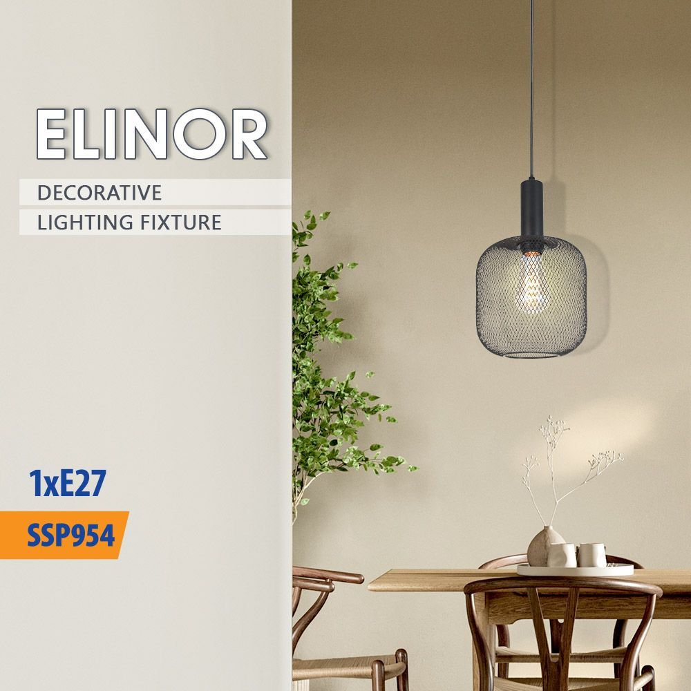 Полилей ELINOR ∙ SSP954-1H ∙ 1xE27 ∙ метал+PVC ∙ мрежа ∙ черен / 005274
