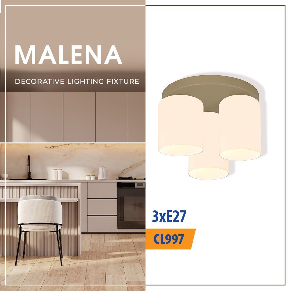 Плафон MALENA ∙ CL997-3R ∙ 3хЕ27 ∙ метал+стъкло ∙ бежово/бяло / 005317