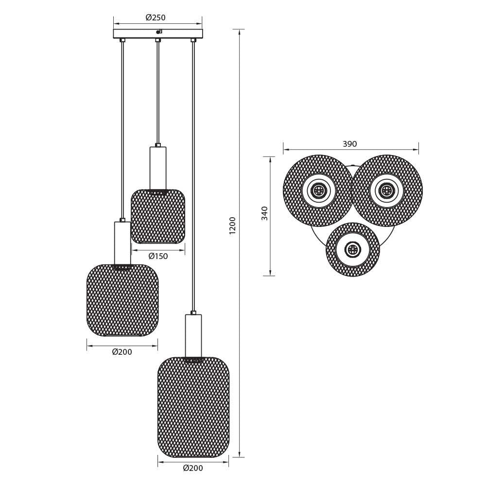 Полилей ELINOR ∙ SSP955-R3H ∙ 3xE27 ∙ метал+PVC ∙ мрежа ∙ черен / 005275