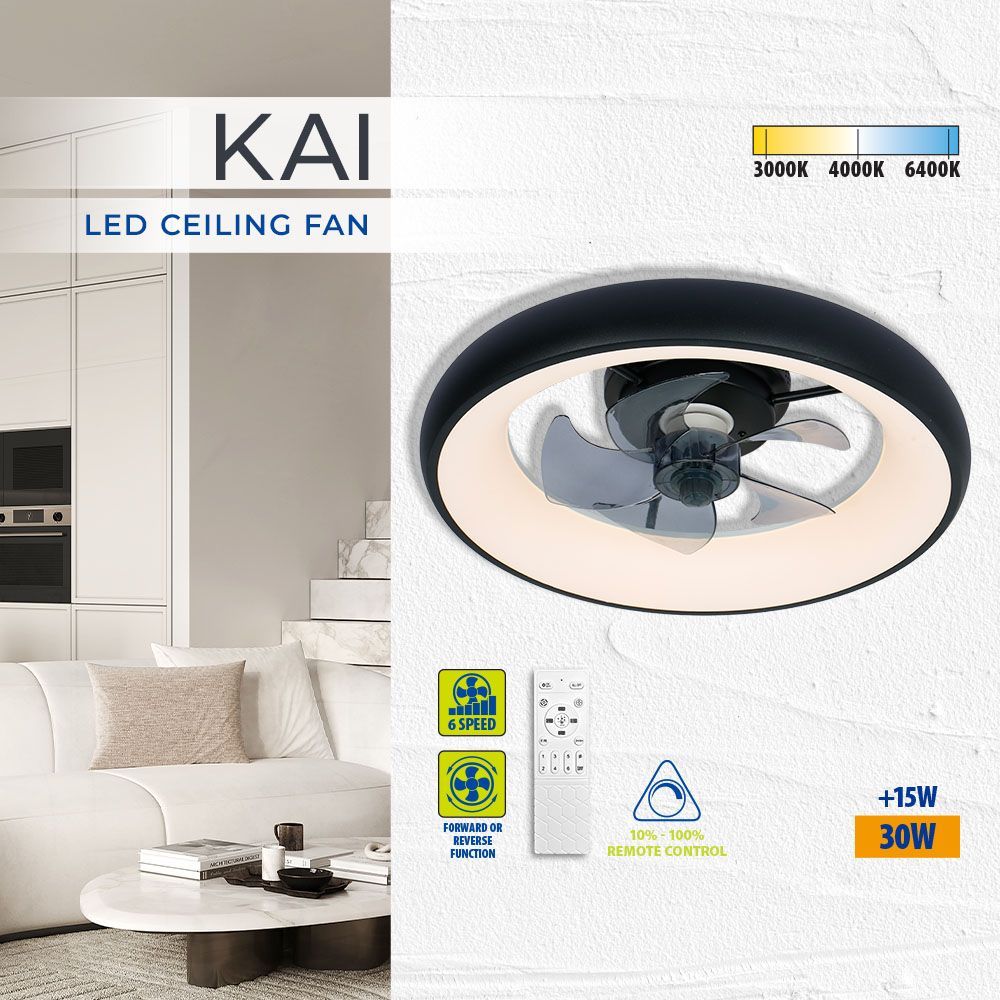 LED плафон с вентилатор KAI LED ∙ 30W ∙ черен ∙ CCT ∙ 3000K-6400K / 005337