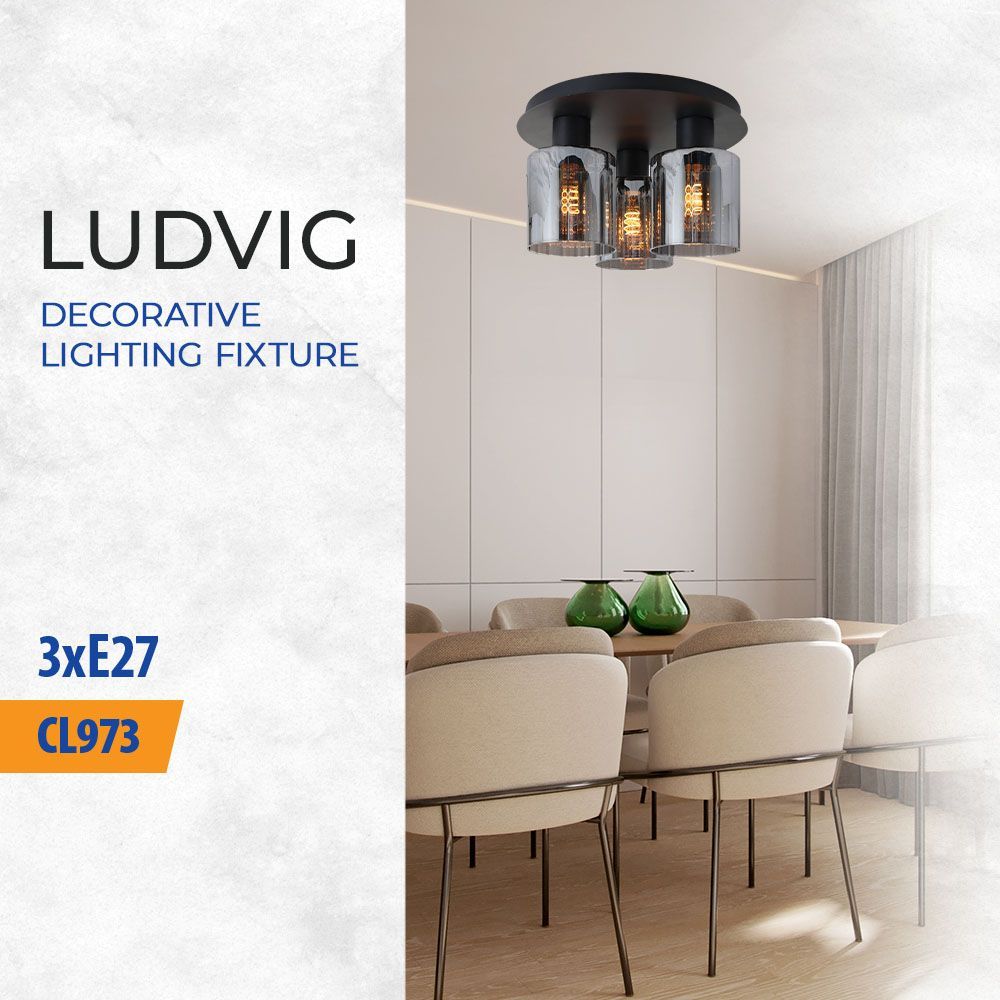 Плафон LUDVIG ∙ CL973-3R ∙ 3хЕ27 ∙ метал+стъкло ∙ черен / 005293