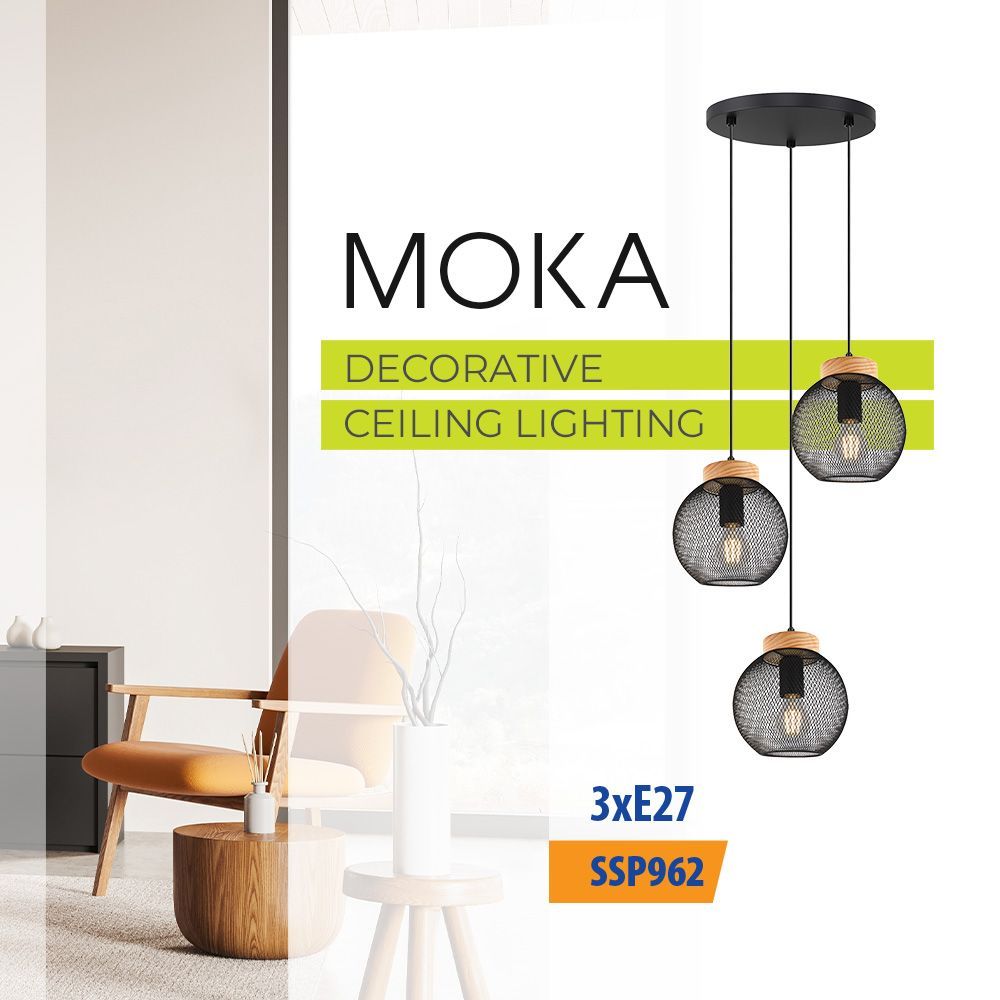 Полилей MOKA ∙ SSP962-3H ∙ 3xE27 ∙ метал+дърво ∙ мрежа ∙ черен / 005282