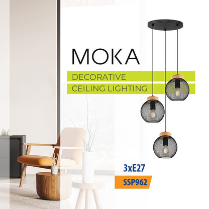 Полилей MOKA ∙ SSP962-3H ∙ 3xE27 ∙ метал+дърво ∙ мрежа ∙ черен / 005282