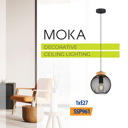 Полилей MOKA ∙ SSP961-1H ∙ 1xE27 ∙ метал+дърво ∙ мрежа ∙ черен / 005281