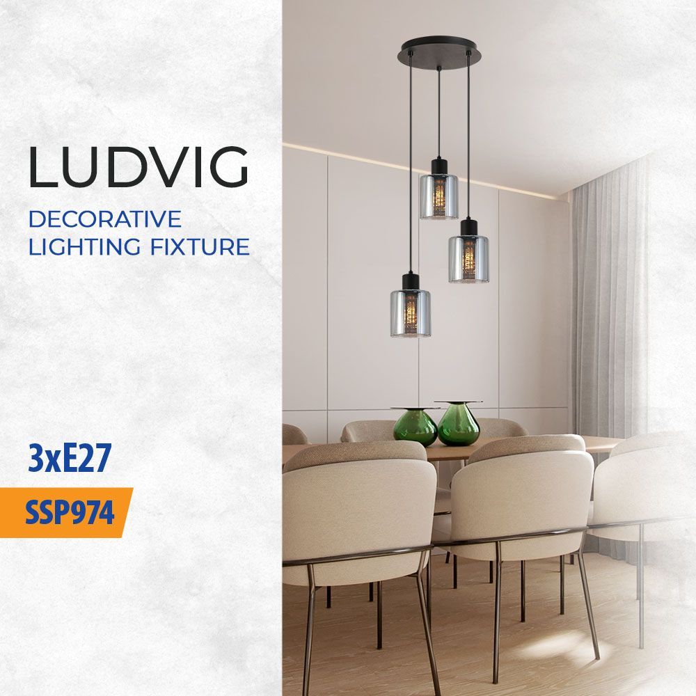 Полилей LUDVIG ∙ SSP974-R3H ∙ 3хE27 ∙ метал+стъкло ∙ черен / 005294