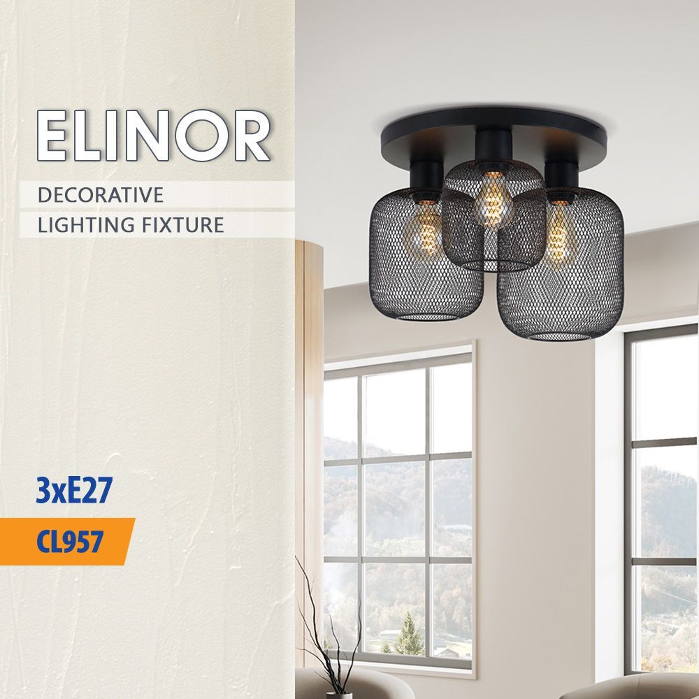 Плафон ELINOR ∙ CL957-3R ∙ 3xE27 ∙ метал+PVC ∙ мрежа ∙ черен / 005277