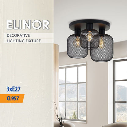 Плафон ELINOR ∙ CL957-3R ∙ 3xE27 ∙ метал+PVC ∙ мрежа ∙ черен / 005277