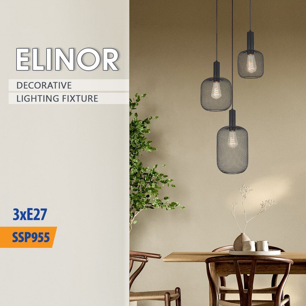 Полилей ELINOR ∙ SSP955-R3H ∙ 3xE27 ∙ метал+PVC ∙ мрежа ∙ черен / 005275