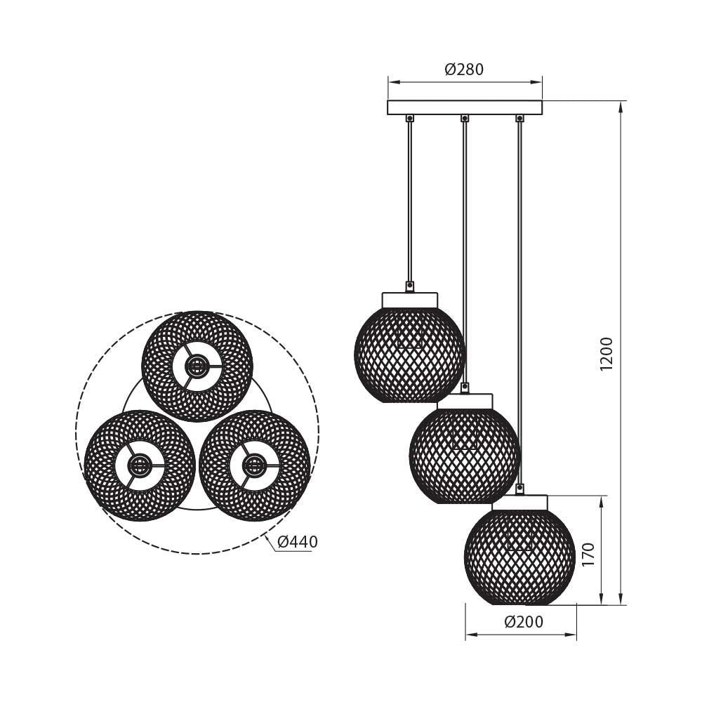 Полилей MOKA ∙ SSP962-3H ∙ 3xE27 ∙ метал+дърво ∙ мрежа ∙ черен / 005282