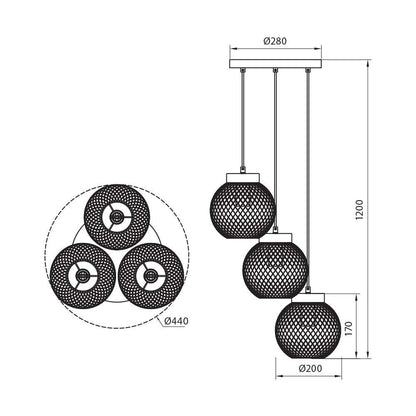 Полилей MOKA ∙ SSP962-3H ∙ 3xE27 ∙ метал+дърво ∙ мрежа ∙ черен / 005282