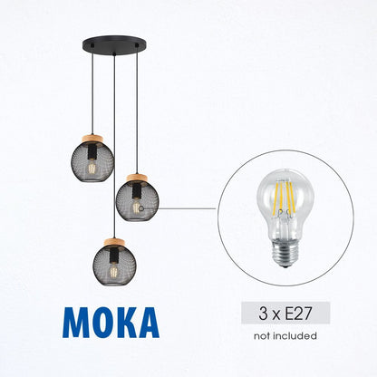 Полилей MOKA ∙ SSP962-3H ∙ 3xE27 ∙ метал+дърво ∙ мрежа ∙ черен / 005282